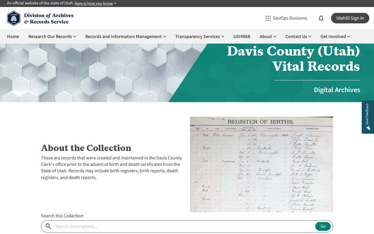 Davis County people search historic vital register collection